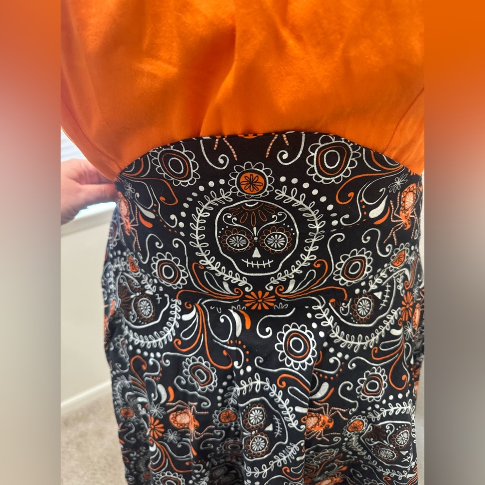 Vibrant Orange and Black Sugar Skull Patterned High-Waisted Full Circle Skirt